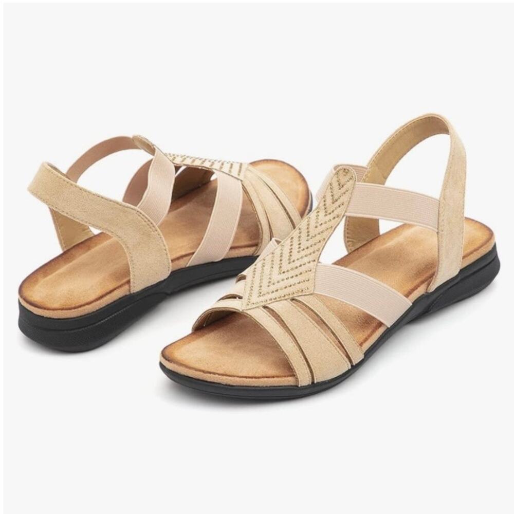 Women's Flat Sandals Elastic Stretch Summer Sandals Comfortable Tan‎ Sz 6 EU 37